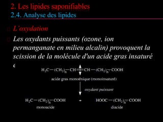 2. Les lipides saponifiables
2.4. Analyse des lipides
 L’oxydation
 Les oxydants puissants (ozone, ion
permanganate en milieu alcalin) provoquent la
scission de la molécule d'un acide gras
insaturé en mono et diacides :
 