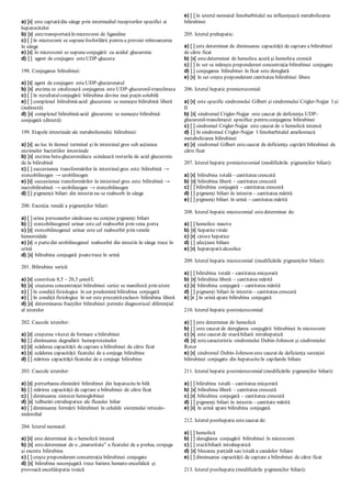 a) [x] este captatădin sânge prin intermediul receptorilor specifici ai
hepatocitelor
b) [x] estetransportatăîn microzomi de ligandine
c) [ ] în microzomi se supunefosforilării pentru a preveni reîntoarcerea
în sânge
e) [x] în microzomi se supuneconjugării cu acidul glucuronic
d) [ ] agent de conjugare esteUDP-glucoza
198. Conjugarea bilirubinei:
a) [x] agent de conjugare esteUDP-glucuronatul
b) [x] enzima ce catalizează conjugarea este UDP-glucuronil-transferaza
c) [ ] în rezultatulconjugării bilirubina devine mai puţin solubilă
e) [ ] complexul bilirubină-acid glucuronic se numeşte bilirubină liberă
(indirectă)
d) [x] complexul bilirubină-acid glucuronic se numeşte bilirubină
conjugată (directă)
199. Etapele intestinale ale metabolismului bilirubinei:
a) [x] au loc în ileonul terminal şi în intestinul gros sub acţiunea
enzimelor bacteriilor intestinale
b) [x] enzima beta-glucuronidaza scindează resturile de acid glucuronic
de la bilirubină
c) [ ] succesiunea transformărilor în intestinul gros este: bilirubină →
stercobilinogen → urobilinogen
e) [x] succesiunea transformărilor în intestinul gros este: bilirubină →
mezobilirubină → urobilinogen → stercobilinogen
d) [ ] pigmenţii biliari din intestin nu se reabsorb în sânge
200. Excreţia renală a pigmenţilor biliari:
a) [ ] urina persoanelor sănătoase nu conţine pigmenţi biliari
b) [ ] stercobilinogenul urinar este cel reabsorbit prin vena porta
c) [x] stercobilinogenul urinar este cel reabsorbit prin venele
hemoroidale
e) [x] o partedin urobilinogenul reabsorbit din intestin în sânge trece în
urină
d) [x] bilirubina conjugată poatetrece în urină
201. Bilirubina serică:
a) [x] constituie 8,5 – 20,5 μmol/L
b) [x] creşterea concentraţiei bilirubinei serice se manifestă prin ictere
c) [ ] în condiţii fiziologice în ser predomină bilirubina conjugată
e) [ ] în condiţii fiziologice în ser este prezentăexclusiv bilirubina liberă
d) [x] determinarea fracţiilor bilirubinei permite diagnosticul diferenţial
al icterelor
202. Cauzele icterelor:
a) [x] creşterea vitezei de formare a bilirubinei
b) [ ] diminuarea degradării hemoproteinelor
c) [x] scăderea capacităţii de captare a bilirubinei de către ficat
e) [x] scăderea capacităţii ficatului de a conjuga bilirubina
d) [ ] mărirea capacităţii ficatului de a conjuga bilirubina
203. Cauzele icterelor:
a) [x] perturbarea eliminării bilirubinei din hepatociteîn bilă
b) [ ] mărirea capacităţii de captare a bilirubinei de către ficat
c) [ ] diminuarea sintezei hemoglobinei
d) [x] tulburări extrahepatice ale fluxului biliar
e) [ ] diminuarea formării bilirubinei în celulele sistemului reticulo-
endotelial
204. Icterul neonatal:
a) [x] este determinat de o hemoliză intensă
b) [x] estedeterminat de o „imaturitate” a ficatului de a prelua, conjuga
şi excreta bilirubina
c) [ ] creşte preponderent concentraţia bilirubinei conjugate
d) [x] bilirubina neconjugată trece bariera hemato-encefalică şi
provoacă encefalopatie toxică
e) [ ] în icterul neonatal fenobarbitalul nu influenţează metabolizarea
bilirubinei
205. Icterul prehepatic:
a) [ ] este determinat de diminuarea capacităţii de captare a bilirubinei
de către ficat
b) [x] estedeterminat de hemoliza acută şi hemoliza cronică
c) [ ] în ser se măreşte preponderent concentraţia bilirubinei conjugate
d) [ ] conjugarea bilirubinei în ficat este dereglată
e) [x] în ser creşte preponderent cantitatea bilirubinei libere
206. Icterul hepatic premicrozomial:
a) [x] este specific sindromului Gilbert şi sindromului Crigler-Najjar I şi
II
b) [x] sindromul Crigler-Najjar este cauzat de deficienţa UDP-
glucuronil-transferazei specifice pentru conjugarea bilirubinei
c) [ ] sindromul Crigler-Najjar este cauzat de o hemoliză intensă
d) [ ] în sindromul Crigler-Najjar I fenobarbitalul ameliorează
metabolizarea bilirubinei
e) [x] sindromul Gilbert estecauzat de deficienţa captării bilirubinei de
către ficat
207. Icterul hepatic premicrozomial (modificările pigmenţilor biliari):
a) [x] bilirubina totală– cantitatea crescută
b) [x] bilirubina liberă – cantitatea crescută
c) [ ] bilirubina conjugată – cantitatea crescută
d) [ ] pigmenţi biliari în intestin – cantitatea mărită
e) [ ] pigmenţi biliari în urină – cantitatea mărită
208. Icterul hepatic microzomial estedeterminat de:
a) [ ] hemolize masive
b) [x] hepatitevirale
c) [x] ciroze hepatice
d) [ ] afecţiuni biliare
e) [x] hepatopatiialcoolice
209. Icterul hepatic microzomial (modificările pigmenţilor biliari):
a) [ ] bilirubina totală – cantitatea micşorată
b) [x] bilirubina liberă – cantitatea mărită
c) [x] bilirubina conjugată – cantitatea mărită
d) [ ] pigmenţi biliari în intestin – cantitatea crescută
e) [x ] în urină apare bilirubina conjugată
210. Icterul hepatic postmicrozomial:
a) [ ] este determinat de hemoliză
b) [ ] este cauzat de dereglarea conjugării bilirubinei în microzomi
c) [x] este cauzat de stazăbiliară intrahepatică
d) [x] estecaracteristic sindromului Dubin-Johnson şi sindromului
Rotor
e) [x] sindromul Dubin-Johnson este cauzat de deficienţa secreţiei
bilirubinei conjugate din hepatociteîn capilarele biliare
211. Icterul hepatic postmicrozomial (modificările pigmenţilor biliari):
a) [ ] bilirubina totală – cantitatea micşorată
b) [x] bilirubina liberă – cantitatea crescută
c) [x] bilirubina conjugată – cantitatea crescută
d) [ ] pigmenţi biliari în intestin – cantitate mărită
e) [x] în urină apare bilirubina conjugată
212. Icterul posthepaticestecauzat de:
a) [ ] hemoliză
b) [ ] dereglarea conjugării bilirubinei în microzomi
c) [ ] stazăbiliară intrahepatică
d) [x] blocarea parţială sau totală a canalelor biliare
e) [ ] diminuarea capacităţii de captare a bilirubinei de către ficat
213. Icterul posthepatic(modificările pigmenţilor biliari):
 