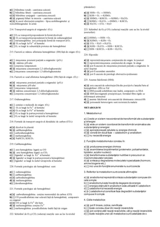 a) [ ] bilirubina totală – cantitatea scăzută
b) [ ] bilirubina liberă – cantitatea crescută
c) [x] bilirubina conjugată – cantitatea crescută
d) [x] pigmenţi biliari în intestin – cantitatea scăzută
e) [x] în cazul obstrucţiei complete – lipsa urobilinogenului şi
stercobilinogenului în urină
214. Transportulsangvin al oxigenului (O2):
a) [ ] O2 se transportăpreponderent în formă dizolvată
b) [x] O2 setransportăpreponderent în formă de oxihemoglobină
c) [ ] metxemoglobina este principala formă de transport alO2
d) [x] O2 seleagă la Fe2+
al hemului
e) [ ] O2 se leagă la subunităţile proteice ale hemoglobinei
215. Factorii ce măresc afinitatea hemoglobinei (Hb) faţă de oxigen (O2)
:
a) [ ] micşorarea presiunii parţiale a oxigenului (pO2)
b) [x] mărirea pH-ului
c) [ ] creşterea temperaturii
d) [x] micşorarea concentraţiei 2,3-difosfogliceratului
e) [ ] micşorarea concentraţiei 1,3-difosfogliceratului
216. Factorii ce scad afinitatea hemoglobinei (Hb) faţă de oxigen (O2) :
a) [x] micşorarea presiunii parţiale a oxigenului (pO2)
b) [x] micşorarea pH-ului
c) [ ] micşorarea temperaturii
d) [x] mărirea concentraţiei 2,3-difosfogliceratului
e) [ ] creşterea concentraţiei 1,3-difosfogliceratului
217. Oxihemoglobina:
a) [ ] conţine o moleculă de oxigen (O2)
b) [ ] O2 se leagă la Fe3+
al hemului
c) [x] O2 se leagă la Fe2+
al hemului
d) [ ] O2 se leagă la parteaproteică a hemoglobinei
e) [ ] O2 se leagă la inelul tetrapirolic al hemului
218. Formele de transport sangvin al dioxidului de carbon (CO2):
a) [x] dizolvat în plasmă
b) [x] carbhemoglobina
c) [ ] carboxihemoglobina
d) [ ] methemoglobina
e) [x] NaHCO3, KHCO3
219. Carbhemoglobina:
a) [ ] este hemoglobina legată cu CO
b) [x] este hemoglobina legată cu CO2
c) [ ] ligandul se leagă la Fe2+
al hemului
d) [x] ligandul se leagă la parteaproteică a hemoglobinei
e) [ ] ligandul se leagă la inelul tetrapirolic al hemului
220. Formele patologice ale hemoglobinei sunt:
a) [ ] oxihemoglobina
b) [ ] carbhemoglobina
c) [x] carboxihemoglobina
d) [x] methemoglobina
e) [ ] deoxihemoglobina
221. Formele patologice ale hemoglobinei:
a) [x] carboxihemoglobina conţine monooxidul de carbon (CO)
b) [ ] CO posedăafinitate mai scăzută faţă de hemoglobină, comparativ
cu oxigenul
c) [x] CO se leagă la Fe2+
din hem
d) [x] methemoglobina conţine Fe3+
e) [ ] methemoglobina posedăafinitate înaltă faţă de oxigen
222. Schimbul de O2 şi CO2 (selectaţi reacţiile care au loc la nivelul
plămânilor):
a) [x] HHb + O2 → HHbO2
b) [ ] KHb + O2 → KHbO2
c) [x] HHbO2 + KHCO3 → KHbO2 + H2CO3
d) [ ] KHbO2 + H2CO3 → HHbO2 + KHCO3
e) [x] H2CO3 → CO2 + H2O
223. Schimbul de O2 şi CO2 (selectaţi reacţiile care au loc la nivelul
ţesuturilor):
a) [ ] HHbO2 → HHb + O2
b) [x] KHbO2 → KHb + O2
c) [x] CO2 + H2O → H2CO3
d) [x] KHb + H2CO3 → HHb + KHCO3
e) [ ] HHb + KHCO3 → KHb + H2CO3
224. Hipoxiile:
a) [x] reprezintămicşorarea conţinutului de oxigen în ţesuturi
b) [ ] reprezintămicşorarea conţinutului de oxigen în sânge
c) [x] pot ficauzate de micşorarea presiunii parţiale a oxigenului în
aerul inspirat
d) [x] pot fisecundare anemiilor
e) [x] pot fi cauzate de patologii obstructivepulmonare
225. Anemia falciformă (HbS):
a) [x] este cauzată de substituţiaGlu din poziţia6 a lanţului beta al
hemoglobinei (Hb) cu Val
b) [ ] HbS posedă solubilitate mai înaltă, comparativ cu HbA
c) [x] HbS dezoxigenată precipităuşor, formând fibre rigide ce
deformează eritrocitul
d) [ ] anemia falciformă estecauzată de diminuarea sintezeiHb
e) [x] persoanele heterozigote sunt rezistentela malarie
METABOLISM
1. Metabolismul:
a) [ ] este un sistem necoordonatde transformări ale substanţelor
şi energiei
b) [x] este un sistem coordonatde transformări enzimatice ale
substanţelor şi energiei
c) [x] aprovizionează celulele cu energie chimică
d) [x] constă din două faze – catabolism şi anabolism
e) [ ] nu necesită energie
2. Funcţiile metabolismului constau în:
a) [x] producerea energiei chimice
b) [x] asamblarea biopolimerilor (proteinelor,polizaharidelor,
lipidelor,acizilor nucleici)
c) [x] transformarea substanţelor nutritive in precursori ai
macromoleculelor celulare
d) [x] sinteza şi degradarea moleculelor specializate (hormoni,
amine biogene etc.)
e) [ ] nici una din funcţiile enumerate nu suntcorecte
3. Referitor la metabolism suntcorecte afirmaţiile:
a) [x] anabolismul reprezintă sinteza substanţelor compuse din
cele simple
b) [ ] anabolismul este însoţitde degajare de energie
c) [ ] energia obţinută în anabolism este utilizată în catabolism
d) [ ] catabolismul necesită energie
e) [x ] catabolismul constituie faza degradării substanţelor
compuse în simple
4. Căile metabolice:
a) [x] pot fi liniare,ciclice,ramificate
b) [ ] toate constau doar din reacţii ireversibile
c) [x] pot conţine atât reacţii reversibile,cât şi reacţii ireversibile
d) [ ] toate reacţiile unei căi metabolice suntcatalizate de o
 