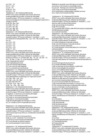 a) [ ] 9,0 - 10;
b) [ ] 7 – 9,0;
c) [ ] 8 - 10;
d) [x] 4,0 - 4,5;
e) [ ] 6,0 - 7,0.
Intrebarea nr. 28: Intrebarea28Colectia:
SP2011rom.col(3).colCapitol:Aminoacizi,Structura
proteinelorMod de punctare: A1Grad de dificultate:
scazutPunctajul:10Timp pe intrebare:0 secAutor: L. Lisii
Care combinaţie de aminoacizi are sarcină negativă majoră într-o
soluţie cu pH=8?
a) [x] Glu, Asp, Ser;
b) [ ] Gln, Pro, Tyr ;
c) [ ] Pro, Val, Gly;
d) [ ] Lys, Arg, His;
e) [ ] Cys, Met, Trp.
Intrebarea nr. 29: Intrebarea29Colectia:
SP2011rom.col(3).colCapitol:Aminoacizi,Structura
proteinelorMod de punctare: A1Grad de dificultate:
scazutPunctajul:10Timp pe intrebare:0 secAutor: L. Lisii
pH izoelectric al tetrapeptidei Arg - Lys - His - Ala se afla in zona
pH -lui:
a) [ ] 3.6 - 4.0;
b) [ ] 4.0 - 4.5;
c) [ ] 5.0 - 7.0;
d) [ ] 2,0 – 3,0;
e) [x] 7.7 - 8.8.
Intrebarea nr. 30: Intrebarea30Colectia:
SP2011rom.col(3).colCapitol:Aminoacizi,Structura
proteinelorMod de punctare: A3Grad de dificultate:
mediuPunctajul:10Timp pe intrebare:0 secAutor: L. Lisii
Proteina contine in % urmatorii AA: Arg - 10, Lys - 26, Val - 13,
Pro - 35, Ala - 8, Gly - 8. La pH fiziologic proteina:
a) [x] migrează spre catod;
b) [ ] migrează spre anod;
c) [x] are sarcină netă pozitivă;
d) [ ] are sarcină netă negativă;
e) [ ] nu posedă sarcină electrică.
Intrebarea nr. 31: Intrebarea31Colectia:
SP2011rom.col(3).colCapitol:Aminoacizi,Structura
proteinelorMod de punctare: A1Grad de dificultate:
scazutPunctajul:10Timp pe intrebare:0 secAutor: L. Lisii
Care tetrapeptid la pH-fiziologic va migra spre anod?
a) [ ] Gly - Arg - Lys - Pro;
b) [ ] Val - Leu - Ile - Met;
c) [ ] Pro-Asn-Gln-Thr;
d) [ ] Phe - Cys - Arg - His;
e) [x] Tyr - Cys - Glu - Asp.
Intrebarea nr. 32: Intrebarea32Colectia:
SP2011rom.col(3).colCapitol:Aminoacizi,Structura
proteinelorMod de punctare: A3Grad de dificultate:
mediuPunctajul:10Timp pe intrebare:0 secAutor: L. Lisii
În legătură cu treonina suntcorecte afirmaţiile :
a) [ ] este un aninoacid aromatic;
b) [ ] este un aminoacid diaminomonocarboxilic;
c) [x] este un aminoacid esenţial;
d) [x] formează legături de hidrogen cu H2O;
e) [ ] în soluţie cu pH=4 migrează spre anod.
Întrebarea nr. 33: Intrebarea33Colectia:
SP2011rom.col(3).colCapitol:Aminoacizi,Structura
proteinelorMod de punctare: A1Grad de dificultate:
scăzutPunctajul:10Timp pe intrebare:0 secAutor: L. Lisii
Aminoacizii arginina şi lizina au următoarele caracteristice
comune:
a) [ ] au in structură un rest guanidinic;
b) [x] au un pH - izoelectric mai mare decit8;
c) [] ambii suntaminoacizi semiesenţiali;
d) [ ] suntderivati ai acidului caproic;
e) [ ] ambii participă în ciclul ornitinic.
Intrebarea nr. 34: Intrebarea34Colectia:
SP2011rom.col(3).colCapitol:Aminoacizi,Structura
proteinelorMod de punctare: A3Grad de dificultate:
scazutPunctajul:10Timp pe intrebare:0 secAutor: L. Lisii
Referitor la aspartat,care afirmaţii suntcorecte:
a) [] este un aminoacid cu proprietăţi neutre;
b) [ ] la pH - fiziologic are sarcina neta pozitiva;
c) [X ] este un aminoacid neesenţial;
d) [x ] participă la sinteza bazelor azotate purinice;
e) [ ] este un aminoacid aromatic
Intrebarea nr. 35: Intrebarea35 Colectia:
SP2011rom.col(3).colCapitol:Aminoacizi,Structura
proteinelorMod de punctare: A3Grad de dificultate:
mediuPunctajul:10Timp pe intrebare:0 secAutor: L. Lisii
Sarcina netă a proteinei depinde de:
a) [x] componenţa aminoacidică;
b) [x] PH-ul solutiei;
c) [ ] gruparile alfa-COOH si alfa-NH2 ale lanţului polipeptidic;
d) [] temperatura soluţiei;
e) [ ] radicalii hidrofobi.
Intrebarea nr. 36: Intrebarea36Colectia:
SP2011rom.col(3).colCapitol:Aminoacizi,Structura
proteinelorMod de punctare: A1Grad de dificultate:
scazutPunctajul:10Timp pe intrebare:0 secAutor: L. Lisii
Afirmaţii corecte referitor la salifiere:
a) [ ] este hidratarea moleculei proteice
b) [x] este dehidratarea moleculei proteice ;
c) [ ] este un proces ireversibil;
d) [ ] este trecerea micromoleculelor prin membrana
semipermiabilă,
e) [ ] se distruge structura terţiară a proteinei.
Intrebarea nr. 37: Intrebarea37Colectia:
SP2011rom.col(3).colCapitol:Aminoacizi,Structura
proteinelorMod de punctare: A1Grad de dificultate:
mediuPunctajul:10Timp pe intrebare:0 secAutor: L. Lisii
Care afirmaţii referitor la molecula proteică denaturată sunt
corecte:
a) [ ] se distruge structura primara,
b) [ ] creste activitatea biologica;
c) [x] se distruge structura tertiara,cuaternară;
d) [] se distrug legăturile peptidice;
e) [] nu se modifică starea nativă
Intrebarea nr. 38: Intrebarea38Colectia:
SP2011rom.col(3).colCapitol:Aminoacizi,Structura
proteinelorMod de punctare: A3Grad de dificultate:
scazutPunctajul:10Timp pe intrebare:0 secAutor: L. Lisii
Referitor la alfa-alanină si beta-alanină suntcorecte afirmaţiile:
a) [ ] suntaminoacizi proteinogeni;
b) [ ] suntcomponentele ale coenzimei A;
c) [x] la decarboxilare formează un compus unic;
d) [ ]în structura proteinelor se găseşte alfa-alanină;
e) [ x] suntderivaţi ai acidului propionic.
Intrebarea nr. 39: Intrebarea39Colectia:
SP2011rom.col(3).colCapitol:Aminoacizi,Structura
proteinelorMod de punctare: A3Grad de dificultate:
mediuPunctajul:10Timp pe intrebare:0 secAutor: L. Lisii
Pentru identificarea aminoacidului N - terminal peptidic sunt
utilizaţi:
a) [ ] hidrazina;
b) [x] fluordinitrobenzenul;
c) [x] dansilclorida;
d) [x] fenilizotiocianatul;
e) [ ] tripsina,pepsina.
Intrebarea nr. 40: Intrebarea40Colectia:
SP2011rom.col(3).colCapitol:Aminoacizi,Structura
proteinelorMod de punctare: A3Grad de dificultate:
mediuPunctajul:10Timp pe intrebare:0 secAutor: L. Lisii
Pentru identificarea aminoacidului C - terminal peptidic sunt
utilizaţi:
a) [ ] ureia;
b) [x] carboxipeptidazele A şi B;
c) [ ] fenilizotiocianatul;
d) [ ] dansilclorida;
e) [x] hidrazina.
Intrebarea nr. 41 Intrebarea41Colectia:
SP2011rom.col(3).colCapitol:Aminoacizi,Structura
proteinelorMod de punctare: A3Grad de dificultate:
mediuPunctajul:10Timp pe intrebare:0 secAutor: L. Lisii
 