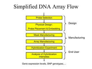 Simplified DNA Array Flow Probe Selection Array Manufacturing Hybridization Experiment Gene expression levels, SNP genotypes,… Analysis of Hybridization Intensities Mask Manufacturing Physical Design: Probe Placement & Embedding Design Manufacturing End User 