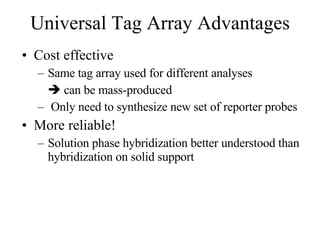 Universal Tag Array Advantages Cost effective Same tag array used for different analyses   can be mass-produced Only need to synthesize new set of reporter probes More reliable! Solution phase hybridization better understood than hybridization on solid support 