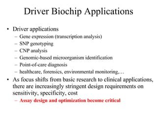 Driver Biochip Applications Driver applications  Gene expression (transcription analysis) SNP genotyping CNP analysis Genomic-based microorganism identification Point-of-care diagnosis healthcare, forensics, environmental monitoring,… As focus shifts from basic research to clinical applications, there are increasingly stringent design requirements on sensitivity, specificity, cost Assay design and optimization become critical 