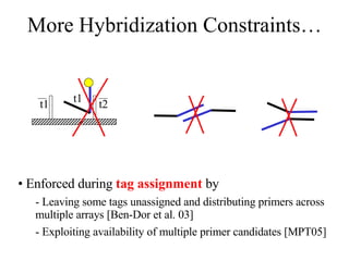 More Hybridization Constraints… Enforced during  tag assignment  by - Leaving some tags unassigned and distributing primers across multiple arrays [Ben-Dor et al. 03] - Exploiting availability of multiple primer candidates [MPT05] t1 t2 t1 