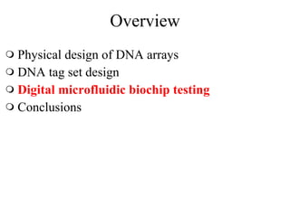 Overview Physical design of DNA arrays  DNA tag set design Digital microfluidic biochip testing Conclusions 