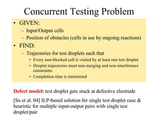 Concurrent Testing Problem GIVEN: Input/Output cells Position of obstacles (cells in use by ongoing reactions) FIND: Trajectories for test droplets such that  Every non-blocked cell is visited by at least one test droplet Droplet trajectories meet non-merging and non-interference constraints Completion time is minimized Defect model:  test droplet gets stuck at defective electrode [Su et al. 04] ILP-based solution for single test droplet case & heuristic for multiple input-output pairs with single test droplet/pair  