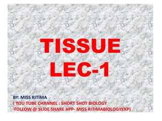 TISSUE
LEC-1
BY: MISS RITIMA
( YOU TUBE CHANNEL : SHORT SHOT BIOLOGY
FOLLOW @ SLIDE SHARE APP- MISS RITIMABIOLOGYEXP)
 