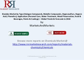 Biocides Market by Type (Halogen Compounds, Metallic Compounds, Organosulfurs, Organic
Acid, Phenolics), Application (Personal Care, Water Treatment, Wood Preservation, Food &
Beverages, Paints & Coatings) – Global Trends & Forecasts to 2018

by
MarketsAndMarkets

Browse more reports on Chemicals Market @
http://www.rnrmarketresearch.com/reports/materialschemicals/chemicals .

© RnRMarketResearch.com ; sales@rnrmarketresearch.com ;
+1 888 391 5441

 