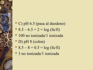  C) pH 6.5 (pasa al duodeno)
 8.5 – 6.5 = 2 = log (fu/fi)
 100 no ionizada/1 ionizada
 D) pH 8 (colon)
 8.5 – 8 = 0.5 = log (fu/fi)
 3 no ionizada/1 ionizada
 