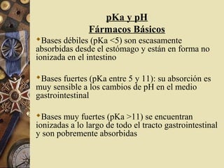 pKa y pH
Fármacos Básicos
Bases débiles (pKa <5) son escasamente
absorbidas desde el estómago y están en forma no
ionizada en el intestino
Bases fuertes (pKa entre 5 y 11): su absorción es
muy sensible a los cambios de pH en el medio
gastrointestinal
Bases muy fuertes (pKa >11) se encuentran
ionizadas a lo largo de todo el tracto gastrointestinal
y son pobremente absorbidas
 