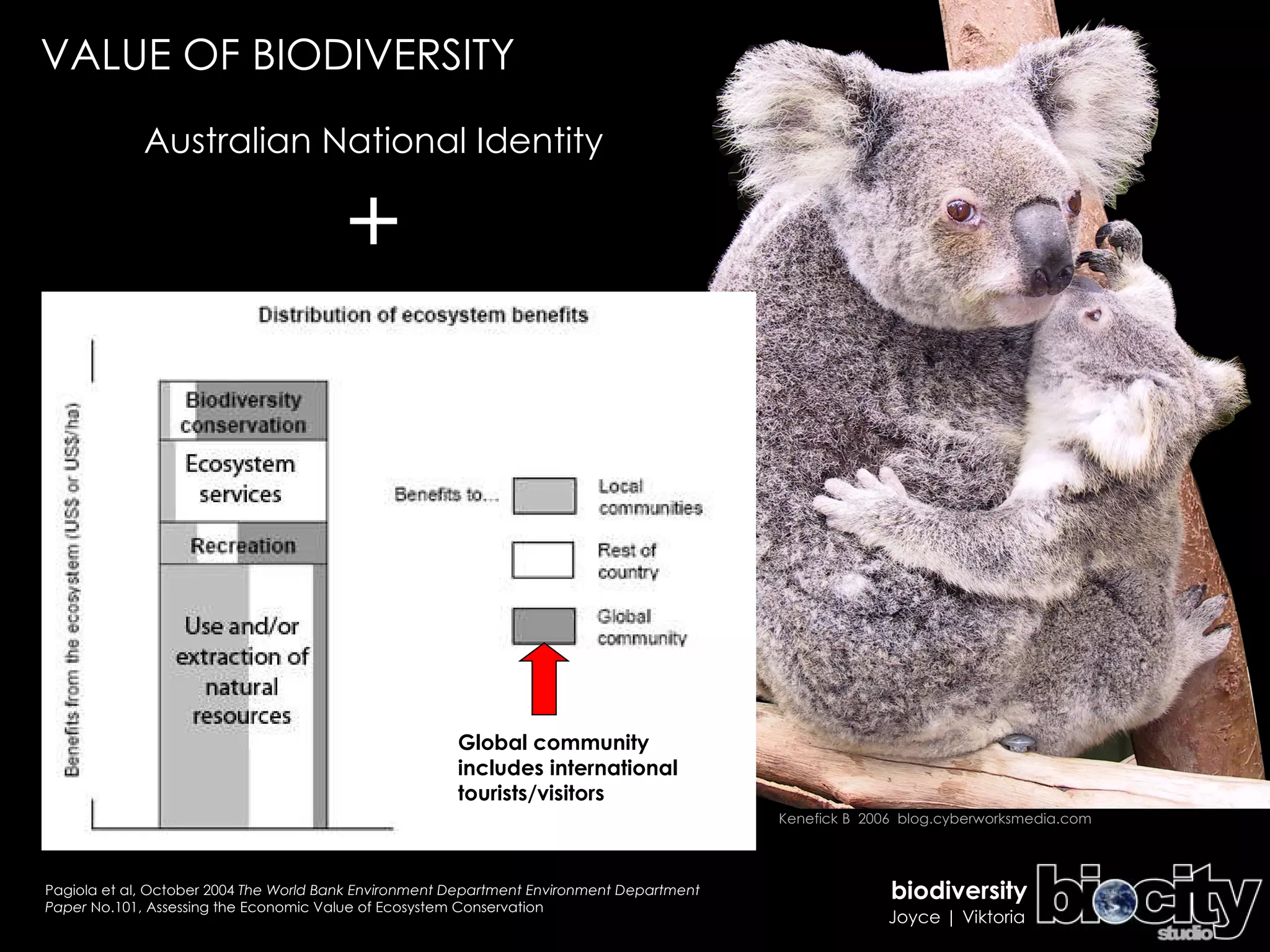 Pagiola et al, October 2004  The World Bank Environment Department Environment Department Paper  No.101, Assessing the Economic Value of Ecosystem Conservation VALUE OF BIODIVERSITY Australian National Identity + Kenefick B  2006  blog.cyberworksmedia.com Global community includes international tourists/visitors 