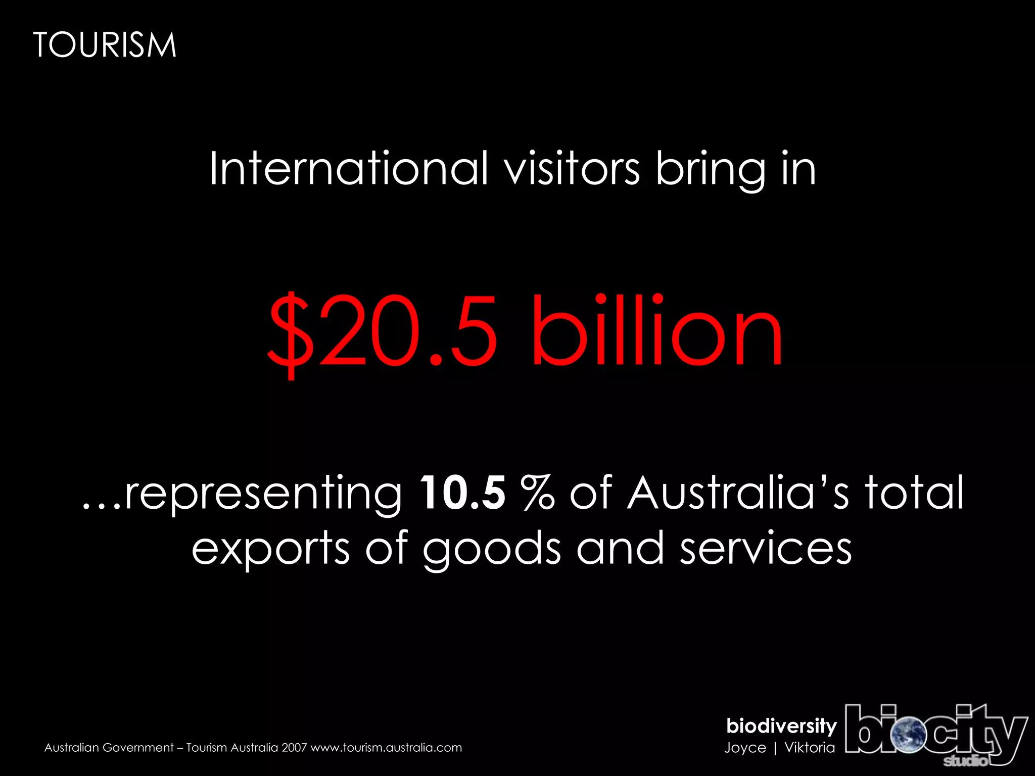 $20.5 billion International visitors bring in … representing  10.5  % of Australia’s total exports of goods and services TOURISM Australian Government – Tourism Australia 2007 www.tourism.australia.com 