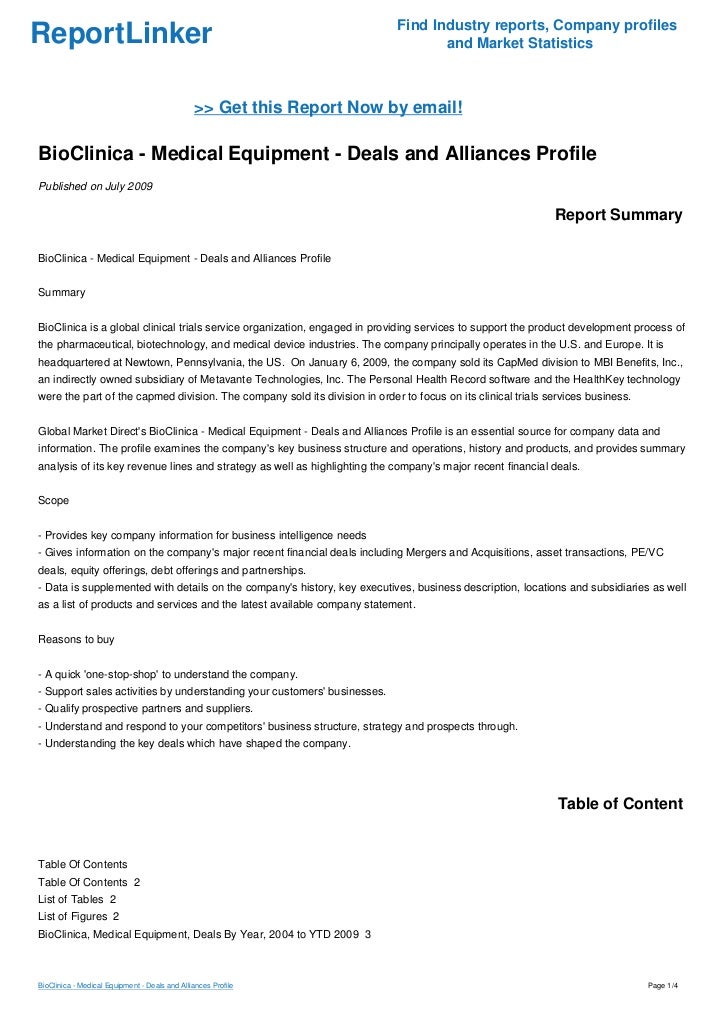 BioClinica - Medical Equipment - Deals and Alliances Profile