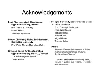 Acknowledgements Dept. Pharmaceutical Biosciences, Uppsala University, Sweden Prof. Jarl E. S. Wikberg Martin Eklund Jonathan Alvarsson Dept of Chemistry, Molecular Informatics, Cambridge University Prof. Peter Murray-Rust et al (CML) Linnaeus Centre for Bioinformatics, Uppsala University and SLU, Sweden Dr. Eric Bongcam-Rudloff Sofia Burvall Cologne University Bioinformatics Centre (CUBIC), Germany Prof. Christoph Steinbeck Egon Willighagen Tobias Helmus Stefan Kuhn Miguel Rojas Thomas Kuhn Others Johannes Wagener (Web services, scripting) Jerome Pansanel (Chemical structures) Rob Schellhorn (Ghemical) …  and all others for contributing code, feature requests, bug reports, proposals, and comments 