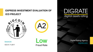 EXPRESS INVESTMENT EVALUATION OF
ICO PROJECT
biocoin.bio
ICO 01.11.2017
Digital Rating Agency
digrate.comLow
Fraud Rate
 