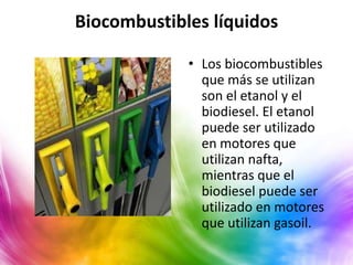 Biocombustibles líquidos

             • Los biocombustibles
               que más se utilizan
               son el etanol y el
               biodiesel. El etanol
               puede ser utilizado
               en motores que
               utilizan nafta,
               mientras que el
               biodiesel puede ser
               utilizado en motores
               que utilizan gasoil.
 