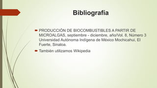 Bibliografía
 PRODUCCIÓN DE BIOCOMBUSTIBLES A PARTIR DE
MICROALGAS, septiembre - diciembre, año/Vol. 8, Número 3
Universidad Autónoma Indígena de México Mochicahui, El
Fuerte, Sinaloa.
 También utilizamos Wikipedia
 