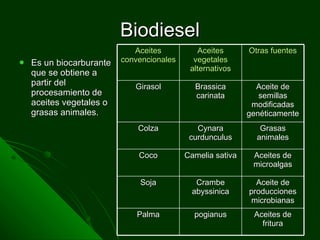 Biodiesel Es un biocarburante que se obtiene a partir del procesamiento de aceites vegetales o grasas animales. Aceites convencionales Aceites vegetales alternativos Otras fuentes Girasol Brassica carinata Aceite de semillas modificadas genéticamente Colza Cynara curdunculus Grasas animales Coco Camelia sativa Aceites de microalgas Soja Crambe abyssinica Aceite de producciones microbianas Palma pogianus Aceites de fritura 