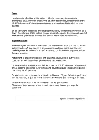 Colza

Un altre material mitjançant també es pot fer biocarburants és una planta
anomenada colza. Produeix unes llavors de 2mm de diàmetre, que contenen entre
40-44% de grassa. L'oli que proporciona per a la creacio de biodiesel és de gran
qualitat.

En els laboratoris relacionats amb els biocombustibles, controlen les impureces de la
llavor, l'humitat que té i la materia grassa, aquests tres punts determinen el preu del
producte i la quantitat de biodiesel que es va a poder extreure de la llavor.

Algues marines

Aquestes algues són un altre alternativa que tenen els biocarburs, ja que no només
s'alimenta del co2, sino que en el seu organisme contenen grans quantitats de
matèria grassa. Es troben a la superfície del mar, on floten degut a que necessiten
llum per a creixer.

Actualment es preten fer biodiesel amb aquestes algues, que es cultiven i es
cosechen en llocs determinats ja que encare s'estàn estudiant.

La seva quantitat es duplica cada 24h, es poden produir 50 tonelades de biomasa al
any, a espanya es on mes co2 s'elimina amb aquestes algues a les diverses plantes
que hi ha(que són poques).

Es sotmeten a uns processos on al principi la biomasa d'algues és líquida, però més
tard és pastossa, la qual es somet a diversos tractaments per aconseguir biodiesel.

Els beneficis són que: hi ha en abundància i és de gran qualitat.
Els inconvenients són que: el seu preu al mercat seria tan car que ningú la
compraria.




                                                        Ignacio Murillo i Sergi Pastells
 
