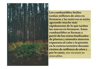 Los combustibles fósiles
tardan millones de años en
formarse y las reservas se están
agotando mucho más
rápidamente de lo que tardan
las nuevas en formarse. Estos
combustibles se forman a
partir de los restos fosilizados
de plantas y animales muertos
expuestos al calor y la presión
en la corteza terrestre durante
cientos de millones de años y
por lo tanto, son recursos no
renovables.
 