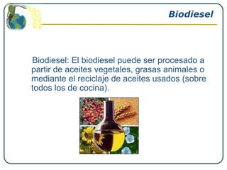 Biodiesel




Biodiesel: El biodiesel puede ser procesado a
partir de aceites vegetales, grasas animales o
mediante el reciclaje de aceites usados (sobre
todos los de cocina).
 