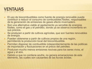 VENTAJAS
   El uso de biocombustibles como fuente de energía renovable puede
    contribuir a reducir el consumo de combustibles fósiles, responsables
    de la generación de emisiones de gases efecto invernadero.
   Son una alternativa viable al agotamiento ya sensible de energías
    fósiles, como el gas y el petróleo, donde ya se observa incremento en
    sus precios.
   Se producen a partir de cultivos agrícolas, que son fuentes renovables
    de energía.
   Pueden obtenerse a partir de cultivos propios de una región,
    permitiendo la producción local del biocombustible.
   Permiten disponer de combustible independientemente de las politicas
    de importación y fluctuaciones en el precio del petróleo.
   Producen mucho menos emisiones nocivas para los seres vivos, el
    agua y el aire.
   Debido a que no contiene azufre, no genera emanaciones de este
    elemento, las cuales son causantes de las lluvias ácidas.
 