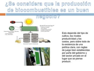 Esto depende del tipo de
cultivo, los niveles
productividad y los
costos, pero sobre todo de
la existencia de una
política clara, con reglas
de juego bien establecidas
por parte del gobierno y
del sector privado en el
lugar que se piense
producir.
 