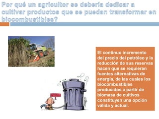 El continuo incremento
del precio del petróleo y la
reducción de sus reservas
hacen que se requieran
fuentes alternativas de
energía, de las cuales los
biocombustibles
producidos a partir de
biomasa de cultivos
constituyen una opción
válida y actual.
 
