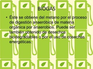BIOGAS
• Éste se obtiene del metano por el proceso
de digestión anaeróbica de materia
orgánica por anaerobios. Puede ser
también obtenido de desechos
biodegradables o por el uso de cosechas
energéticas.
 