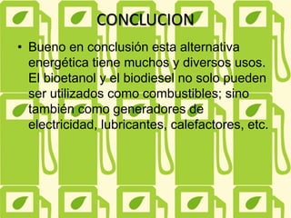 CONCLUCION
• Bueno en conclusión esta alternativa
energética tiene muchos y diversos usos.
El bioetanol y el biodiesel no solo pueden
ser utilizados como combustibles; sino
también como generadores de
electricidad, lubricantes, calefactores, etc.
 