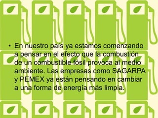 • En nuestro país ya estamos comenzando
a pensar en el efecto que la combustión
de un combustible fósil provoca al medio
ambiente. Las empresas como SAGARPA
y PEMEX ya están pensando en cambiar
a una forma de energía más limpia.
 