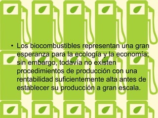 • Los biocombustibles representan una gran
esperanza para la ecología y la economía;
sin embargo, todavía no existen
procedimientos de producción con una
rentabilidad suficientemente alta antes de
establecer su producción a gran escala.
 