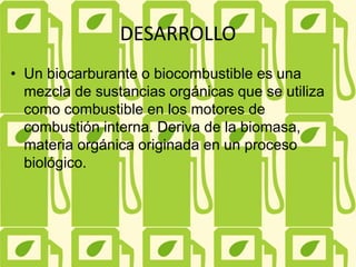 DESARROLLO
• Un biocarburante o biocombustible es una
mezcla de sustancias orgánicas que se utiliza
como combustible en los motores de
combustión interna. Deriva de la biomasa,
materia orgánica originada en un proceso
biológico.
 