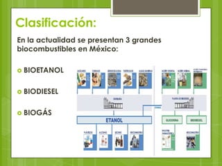 Clasificación:
En la actualidad se presentan 3 grandes
biocombustibles en México:
 BIOETANOL

 BIODIESEL
 BIOGÁS

 