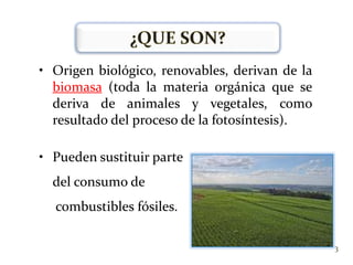 ¿QUE SON?Origen biológico, renovables, derivan de la biomasa (toda la materia orgánica que se deriva de animales y vegetales, como resultado del proceso de la fotosíntesis).
