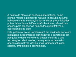 • A palma de óleo e as espécies alternativas, como
  pinhão-manso e palmeiras nativas (macaúba, tucumã,
  babaçu e inajá), em função das maiores produtividades
  potenciais e das aptidões edafoclimáticas, são ótimas
  opções para atender as demandas quantitativas e
  ecoregionais de óleo.
• Este potencial só se transformará em realidade se forem
  realizados investimentos significativos e constantes em
  pesquisa e desenvolvimento destas culturas e das
  tecnologias relacionadas, para que se tornem não
  apenas alternativas viáveis, mas também soluções
  sociais, ambientais e econômicas.
 