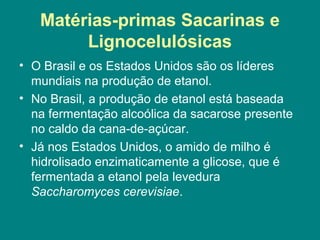 Matérias-primas Sacarinas e
        Lignocelulósicas
• O Brasil e os Estados Unidos são os líderes
  mundiais na produção de etanol.
• No Brasil, a produção de etanol está baseada
  na fermentação alcoólica da sacarose presente
  no caldo da cana-de-açúcar.
• Já nos Estados Unidos, o amido de milho é
  hidrolisado enzimaticamente a glicose, que é
  fermentada a etanol pela levedura
  Saccharomyces cerevisiae.
 