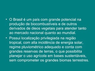 • O Brasil é um país com grande potencial na
  produção de biocombustíveis e de outros
  derivados de óleos vegetais para atender tanto
  ao mercado nacional quanto ao mundial.
• Possui localização privilegiada na região
  tropical, com alta incidência de energia solar,
  regime pluviométrico adequado e conta com
  grandes reservas de terras, o que possibilita
  planejar o uso agrícola em bases sustentáveis,
  sem comprometer os grandes biomas terrestres.
 