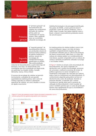 Resumo

                                                                                                                                                            A “primeira geração” de                    hidrólise/fermentação e de prensagem/esterificação.
                                                                                                                                                            biocombustíveis diz                        Nos países da OCDE, a maior parte do etanol é
                                                                                                                                                            respeito aos combustíveis                  produzido a partir de culturas amiláceas, como o
                                                                                                                                                            derivados de matérias-                     milho, trigo e cevada. Nos países tropicais como o
                                                                                                                                                            primas, pela sua                           Brasil, o etanol é essencialmente produzido através
                                                                                                                                                            constituição em açúcar,                    da cana-de-açúcar.
                                                                                                                                     Primeira               amido e óleo, podendo
                                                                                                                                                            estes ser convertidos
                                                                                                                                      geração               utilizando tecnologias de




                                                                                                          A “segunda geração” de                                                                       As matérias-primas de celulose podem crescer com
                                                                                                          biocombustíveis refere-se                                                                    menos fertilizante e água e em solos de baixa
                                                                                                          aos produzidos através de                                                                    qualidade comparativamente àquelas que são
                                                                                                          biomassa lenho-celulósica                                                                    actualmente utilizadas para as culturas de produção
                                                                                                          de plantas herbáceas e                                                                       de etanol convencionais. Além disso, os custos das
                                                                                                          perenes, através de                                                                          culturas de celulose podem ser consideravelmente
                                                                                            Segunda tecnologias de                                                                                     mais baixos, quando comparados com as culturas de
                                                                                                          hidrólise/fermentação,                                                                       cereais e sementes actualmente utilizadas na Europa
                                                                                              geração gaseificação ou pirólise.                                                                        e nos Estados Unidos.
                                                                                                          Não existe produção
                                                                                industrial de biocombustíveis a partir deste tipo de                                                                   A Figura 4 mostra os actuais custos da produção de
                                                                                biomassa, mas está a ser desenvolvida uma                                                                              biocombustíveis, dos quais é esperado um
                                                                                investigação que foca a produção em larga escala                                                                       decréscimo com o avanço da tecnologia, processos
                                                                                em particular nos Estados Unidos, Canadá,                                                                              de conversão e melhores economias de escala. As
                                                                                Alemanha, Suécia, China e Brasil.                                                                                      políticas agressivas no sector energético e os
                                                                                                                                                                                                       rendimentos antecipados dos mercados de carbono
                                                                                O sucesso da tecnologia da celulose vai permitir                                                                       estão a levar ao investimento em biocombustíveis. O
                                                                                tecnicamente a utilização de uma grande                                                                                conhecimento adquirido pela prática vai levar ao
                                                                                quantidade de matérias-primas, bem como de                                                                             decréscimo dos custos de produção. Durante as
                                                                                resíduos agrícolas ou urbanos e plantações                                                                             próximas décadas, é esperado que o etanol
                                                                                específicas de celulose, tal como relvados e árvores                                                                   contribua em grande parte para o aumento da
                                                                                de rápido crescimento.                                                                                                 utilização de biocombustível a nível mundial, tal
                                                                                                                                                                                                       como é também previsto que os custos de produção
                                                                                                                                                                                                       baixem mais rapidamente do que os do biodiesel e
                                                                                                                                                                                                       de outros biocombustíveis.


                                                                                          Figura 4: Custos de produção actuais e futuros de etanol comparados com os
Doornbosch, Richard e Ronald Steenblik. “Biofuels: Is the Cure Worse than the Disease?”




                                                                                          recentes preços/litro de gasolina equivalente (sem impostos).
Fonte: Citado em Organização para a Cooperação Económica e Desenvolvimento.




                                                                                                Preço ou custo de produção (dólares por litro)
                                                                                          1.2

                                                                                                                                           2005
                                                                                                                                           2030
                                                                                          1.0




                                                                                          0.8
2007. Adaptado da AIE. World Economic Outlook. 2006




                                                                                                                                                                                                                           Biodiesel:
                                                                                          0.6                                                                                                                              síntese FT
                                                                                                                  Preço dos diesel
                                                                                                 sem impostos*


                                                                                                                  sem impostos*
                                                                                                 Preço gasolina




                                                                                          0.4
                                                                                                                                                             Etanol:     Etanol:                            Biodiesel:
                                                                                                                                                  Etanol:    açúcar de   trigo                 Biodiesel:   óleo vegetal
                                                                                                                                                  milho      beterraba                         gordura animal
                                                                                          0.2                                                                                      Etanol:
                                                                                                                                     Etanol:                                       bio massa lenhosa
                                                                                                                                     cana-de-açúcar

                                                                                          0
                                                                                                *Gasolina sem impostos e preços de diesel (Jan. 2000 - Julho 2006). Com base na média mensal de preços de
                                                                                                importação de crude na região da AIE, preços de importação de crude variando entre os 20 e os 70 dólares por
                                                                                                barril neste período. Nota: O custo estimado exclui os subsídios relacionados com as colheitas ou com o próprio
                                                                                                biocombustível.
                                                              4
 