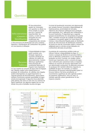 Questões

                                                                                                            Os biocombustíveis                    A escala de biorefinação necessária será determinada
                                                                                                            podem ser misturados                  por variados factores, incluindo a disponibilidade de
                                                                                                            com gasolina ou diesel, na            matérias-primas, proximidade de mercados,
                                                                                                            forma simples ou quase                objectivos das empresas (utilização local, produção
                                                                                                            pura (p.e. mistura de                 para exportação, etc.), aplicações dos combustíveis e
                                                                                Infra-estruturas etanol de E85). No                               recursos financeiros. É expectável que a segunda
                                                                                         a jusante e entanto, os de uma
                                                                                                            necessitam
                                                                                                                        mais recentes             geração de biorefinarias crie sub-produtos de grande
                                                                                                                                                  valor, e também necessite de unidades de produção
                                                                                      biorefinarias modificação dos                               complexas e de grande capital. Em níveis baixos de
                                                                                                            componentes dos veículos              mistura, o biocombustível líquido pode ser distribuído
                                                                               e infra-estruturas de distribuição tal como condutas,              através de infra-estruturas de distribuição existentes;
                                                                               depósitos e distribuidores de combustível. Isto poderá             do ponto de vista do consumidor requer o mínimo de
                                                                               ser uma barreira à utilização.                                     adaptação para os veículos actuais baseados em
                                                                                                                                                  combustíveis derivados do petróleo.

                                                                                                           A disponibilidade de água              A produção de combustíveis também pode ser
                                                                                                           pode constituir uma                    intensa e afectar a disponibilidade de água. A Figura 7
                                                                                                           limitação regional ou                  mostra a variação da eficiência no processo hídrico
                                                                                                           nacional à produção de                 entre os diferentes combustíveis e o seu método de
                                                                                                           colheitas nos países em                produção nos EUA. Contudo, um simples critério,
                                                                                                           desenvolvimento. Existem               mesmo que importante como o consumo de água,
                                                                                          Recursos diferenças significativas
                                                                                                           entre processos de
                                                                                                                                                  não é suficiente para caracterizar todos os impactes
                                                                                                                                                  relativos ao consumo de recursos relacionado com
                                                                                            hídricos combustível fabricado. O                     um determinado combustível. Os diferentes processos
                                                                                                           impacte mais importante                de produção têm também diferentes impactes na
                                                                               no que respeita ao consumo de água está na irrigação               qualidade da água. Por exemplo, os resíduos
                                                                               das colheitas usadas como matéria-prima na                         provenientes do processo industrial podem poluir os
                                                                               produção de combustíveis. As colheitas não irrigadas               recursos hídricos. De forma semelhante, os
                                                                               podem desempenhar um papel importante na                           escorrimentos superficiais de solos agrícolas podem
                                                                               segunda geração de biocombustíveis, apesar destas                  ser poluentes significativos. Uma vez mais, os
                                                                               também consumirem grandes quantidades de água                      métodos agrícolas variam grandemente no seu
                                                                               através da evaporação. A água da chuva absorvida                   impacte a jusante.
                                                                               pelas plantas não entra no solo nem nos sistemas de
                                                                               águas superficiais. Em algumas regiões isto vai criar
                                                                               tensão nos já de si limitados recursos de água.


                                                                                Figura 7: Consumo de água por unidade de energia e utilização de água na extracção e produção de combustível

                                                                                                     Refinação de combustível
Fonte: Departamento Americano de Energia “Energy Demands on Water Resources:




                                                                                                            Irrigação dos solos
                                                                                                     Processamento de etanol
                                                                                                            Irrigação de milho
report to Congress on the interdependency of energy and water”.2006.




                                                                                                     Electrólise de hidrogénio
                                                                                                     Correcção de hidrogénio
                                                                                                     Processamento de urânio
                                                                                                            Minério de urânio
                                                                                Armazenamento de petróleo em minas de sal **                                    A refinação do petróleo
                                                                                                             Areias petrolíferas                                consome 1-2 mil milhões        * Consumo de água para a
                                                                                                                                                                                               produção de energia
                                                                                                             Xisto petrolífero *                                de galões por dia              eléctrica do ciclo
                                                                                                 Destilador de xisto petrolífero                                                               combinado evaporação-
                                                                                                                      Refinarias                                                               arrefecimento das turbinas
                                                                                                                                                                                               de gás.
                                                                                          Aumento da recuperação petrolífera
                                                                                                         Extracção de petróleo                                                                 **Uma única utilização
                                                                                    Armazenamento de gás nas minas de sal **                                                                   para solução minas de sal
                                                                                       Operações nas condutas de gás natural
                                                                                          Extracção e produção de gás natural
                                                                                                       Gaseificação do carvão
                                                                                                           Manchas de carvão
                                                                                                        Liquefacção do carvão
                                                                                                           Lavagem de carvão
                                                                                                         Mineração do carvão

                                                                                                                                   1   10   100         1,000           10,000       100,000
                                                                                                                                                                                 Gal/MMBTU
                                                                                                                                                                                                                            7
 