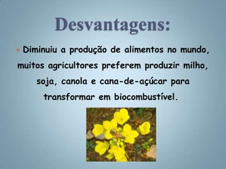 Desvantagens:Diminuiu a produção de alimentos no mundo, muitos agricultores preferem produzir milho, soja, canola e cana-de-açúcar para transformar em biocombustível. 