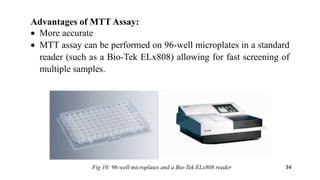 Advantages of MTT Assay:
 More accurate
 MTT assay can be performed on 96-well microplates in a standard
reader (such as a Bio-Tek ELx808) allowing for fast screening of
multiple samples.
Fig 10: 96-well microplates and a Bio-Tek ELx808 reader 34
 