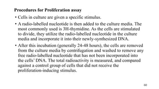 Procedures for Proliferation assay
• Cells in culture are given a specific stimulus.
• A radio-labelled nucleotide is then added to the culture media. The
most commonly used is 3H-thymidine. As the cells are stimulated
to divide, they utilize the radio-labelled nucleotide in the culture
media and incorporate it into their newly-synthesized DNA.
• After this incubation (generally 24-48 hours), the cells are removed
from the culture media by centrifugation and washed to remove any
free radio-labelled nucleotide that has not been incorporated into
the cells’ DNA. The total radioactivity is measured, and compared
against a control group of cells that did not receive the
proliferation-inducing stimulus.
60
 