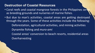 Destruction of Coastal Resources
• Coral reefs and coastal mangrove forests in the Philippines serve
as breeding grounds and nurseries of marine fishes.
• But due to man’s activities, coastal areas are getting destroyed
through the years. Some of these activities include the following:
Deforestation, agricultural activities, and mining activities
Dynamite fishing and muro-ami
Coastal areas’ conversion to beach resorts, residential areas
Overharvesting
 