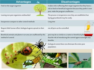 Advantages Disadvantages
Feed onthe target organism Ittakes risk in affecting theirtarget organism but theyhavea
riskto feed on beneficial organism because they prefer it over
pest, maketheprogram unaffective.
Leaving non-pest organisms undisturbed Theprocess is inexpensive oncethey are established, but
layinggroundworkmay becostly.
Inexpensivecompare to other control methods Long time
Requirelittle humaneffort, biological agents spread on their
own
not all pest can be controlled.
Beneficial animals and plants inan area areunaffected by this
method of control.
pest maybe so similar to a native orbeneficial plant or insect
that the risk of introducing the control agent outweighs any
benefits.
biological control does not eliminate the entire pest
population.
 