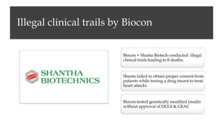 Illegal clinical trails by Biocon
Biocon + Shanta Biotech conducted illegal
clinical trials leading to 8 deaths.
Shanta failed to obtain proper consent from
patients while testing a drug meant to treat
heart attacks
Biocon tested genetically modified insulin
without approval of DCGI & GEAC
 