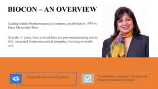 Two subsidiary companies – Syngene and
Clinigene International Limited
Integrated Innovation Approach
Leading Indian Biopharmaceutical company, established in 1978 by
Kiran Mazumdar-Shaw
BIOCON – AN OVERVIEW
Over the 30 years, have evolved from enzyme manufacturing unit to
fully integrated biopharmaceutical enterprise, focusing on health
care.
 