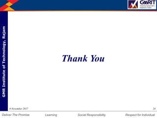 DepartmentofMechanicalEngineering Humility Entrepreneurship Teamwork
Learning Social Responsibility Respect for IndividualDeliver The Promise
GMRInstituteofTechnology,Rajam
248 November 2017
Thank You
 