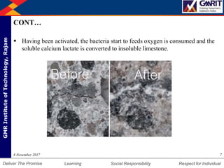 DepartmentofMechanicalEngineering Humility Entrepreneurship Teamwork
Learning Social Responsibility Respect for IndividualDeliver The Promise
GMRInstituteofTechnology,Rajam
CONT…
 Having been activated, the bacteria start to feeds oxygen is consumed and the
soluble calcium lactate is converted to insoluble limestone.
78 November 2017
 