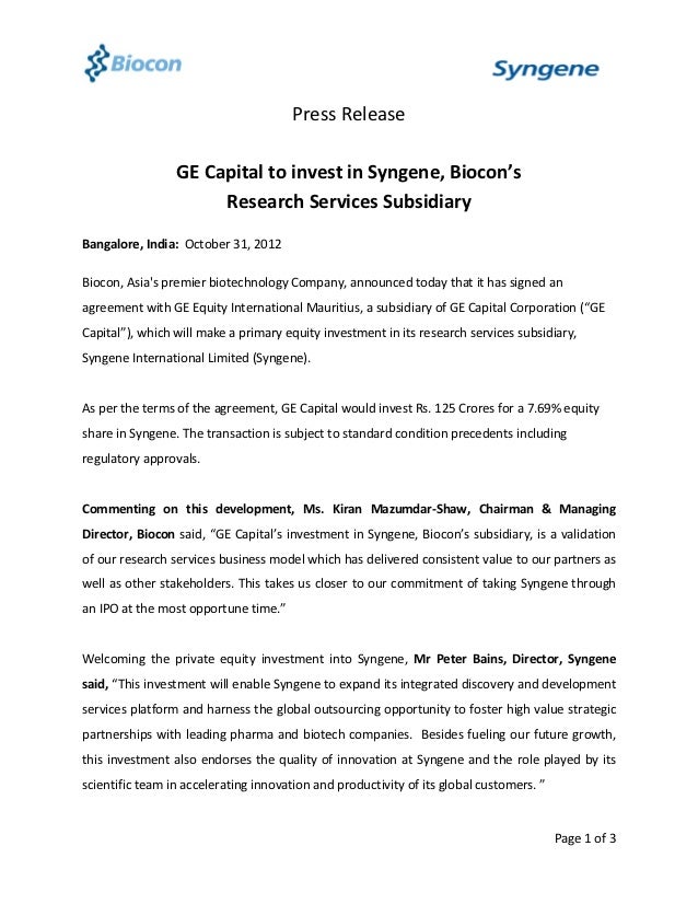 ge capital to invest in syngene biocons research services subsidia ge capital customer services